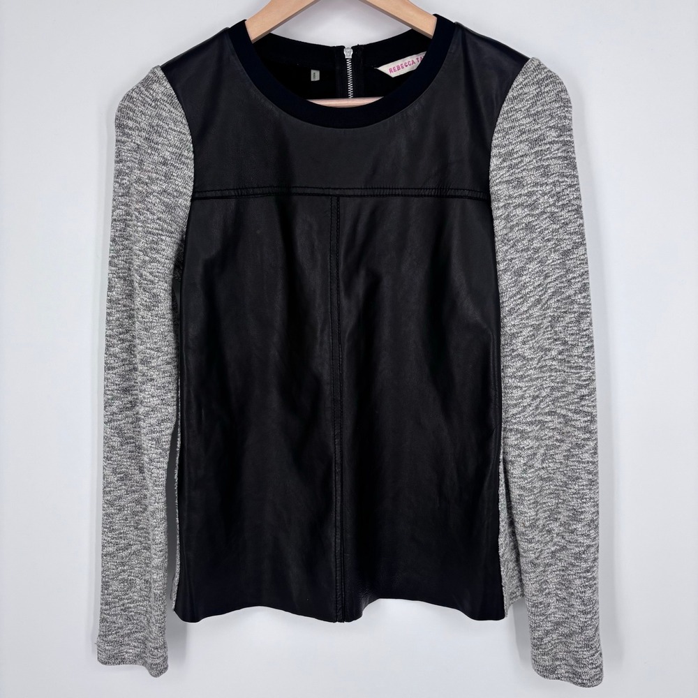 Rebecca Taylor Genuine Lamb Leather Front Knit Sleeve Top Womens S Black Grey